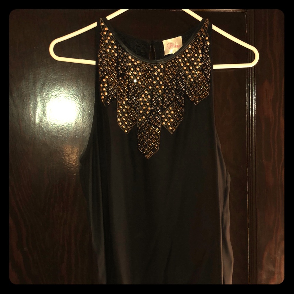 Parker Rey Geometric Beaded Black Silk Top